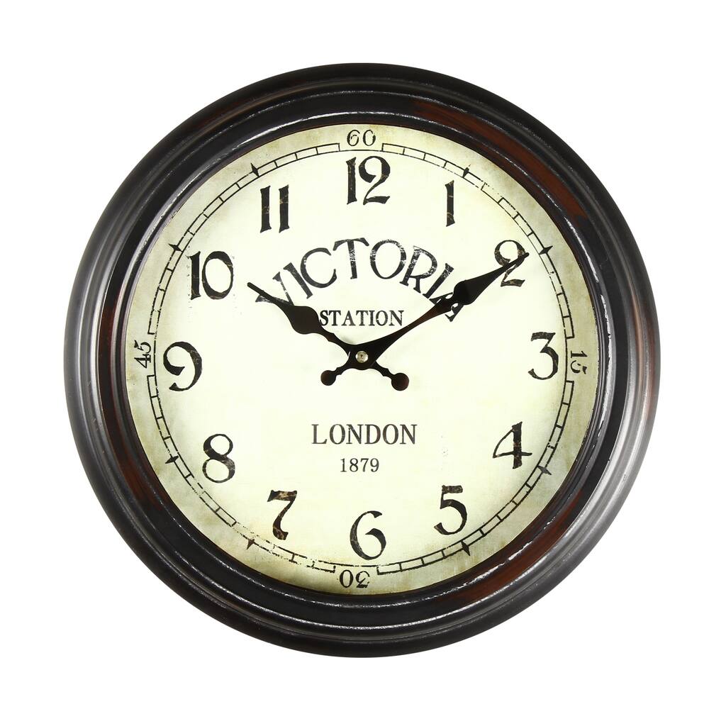Adeco Black and Brown Antique-look Dial Decorative Vintage Retro Traditional Wall Hanging 'Victoria Station' Circle Iron Clock