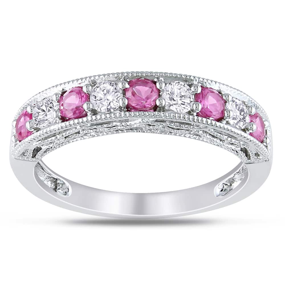 Miadora Sterling Silver Created Pink and White Sapphire Ring