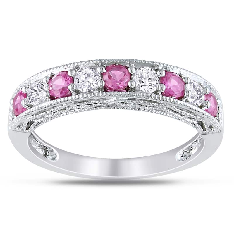 Miadora Sterling Silver Created Pink and White Sapphire Ring - 5
