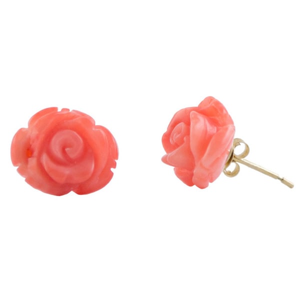 14k Yellow Gold Carved Coral Earring Studs