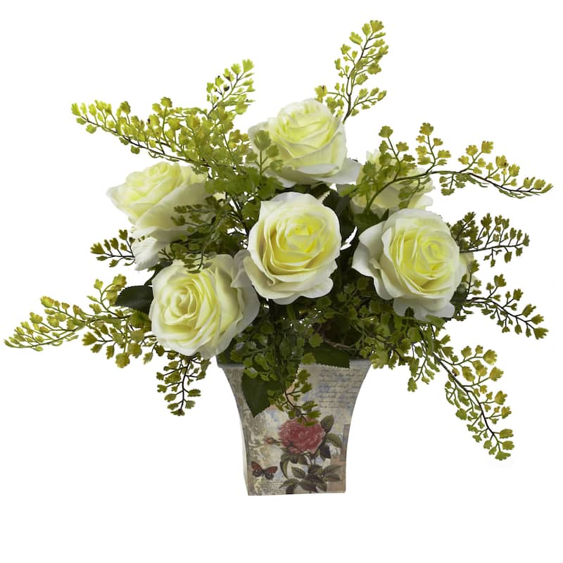 Rose and Maiden Hair Arrangement in Planter - White