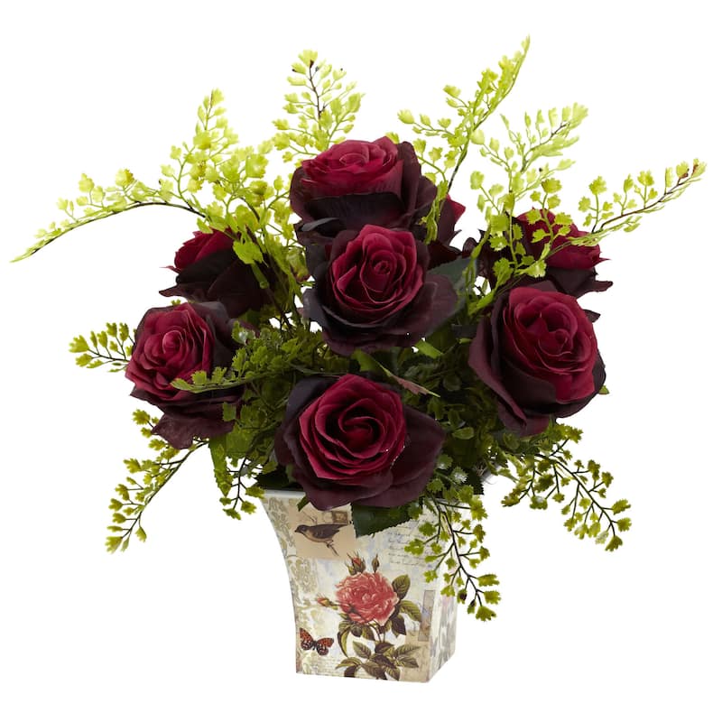 Rose and Maiden Hair Arrangement in Planter - Burgundy