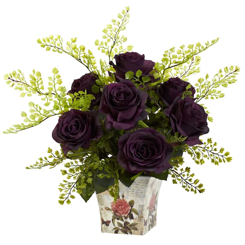 Rose and Maiden Hair Arrangement in Planter - Purple Elegance