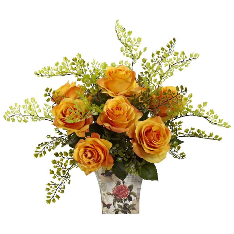 Rose and Maiden Hair Arrangement in Planter - Orange/Yellow