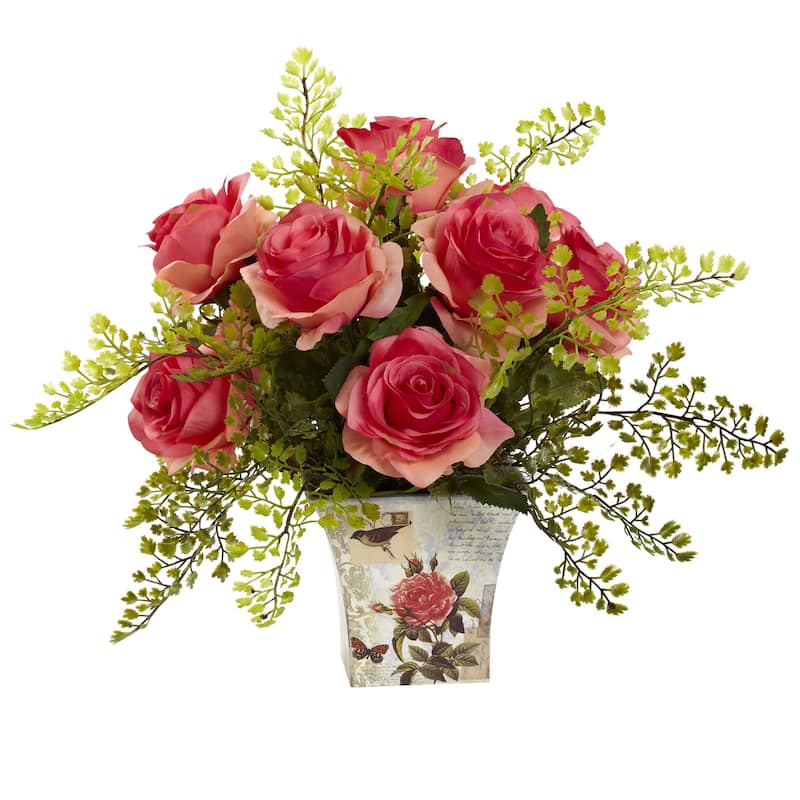 Rose and Maiden Hair Arrangement in Planter - Dark Pink