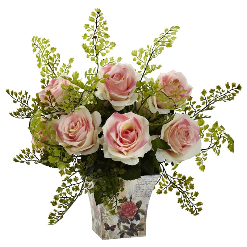 Rose and Maiden Hair Arrangement in Planter - Light Pink