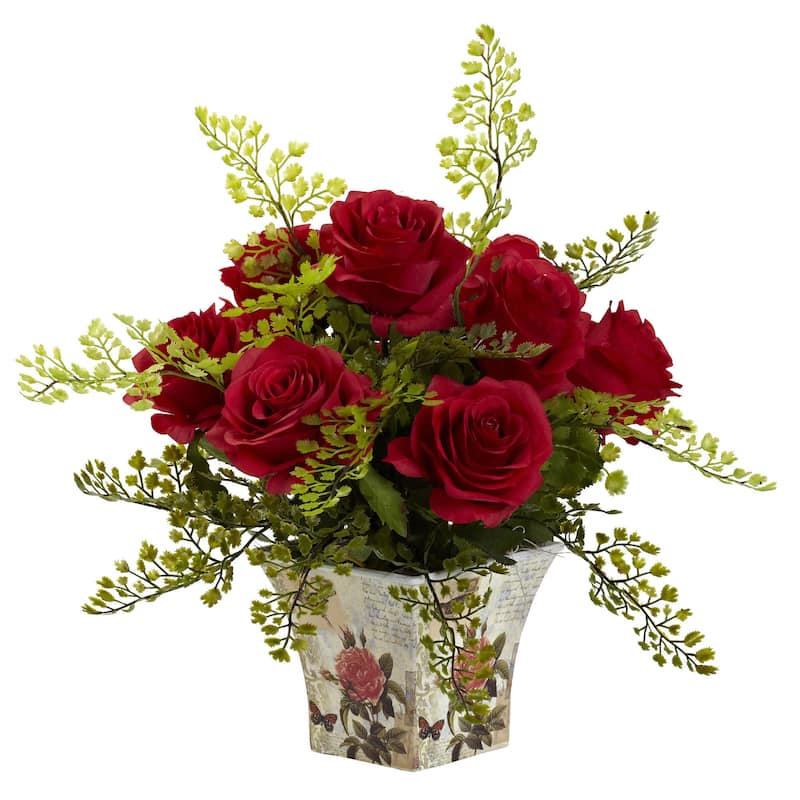 Rose and Maiden Hair Arrangement in Planter - Red