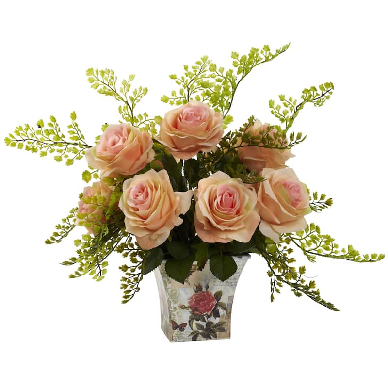 Rose and Maiden Hair Arrangement in Planter - Peach