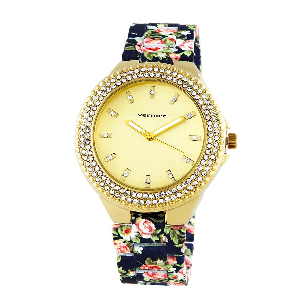 Vernier Women's Soft Touch Floral Bracelet Stone Bezel Watch