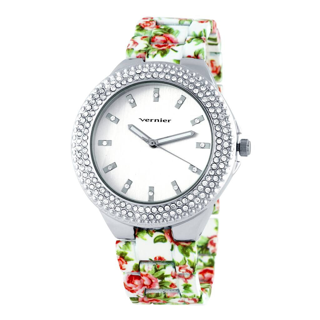 Vernier Women's Silvertone Dial Soft Touch Floral Bracelet Stone Bezel Watch