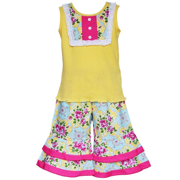 AnnLoren Boutique Girls Yellow Tank with Floral Damask Capriss 2