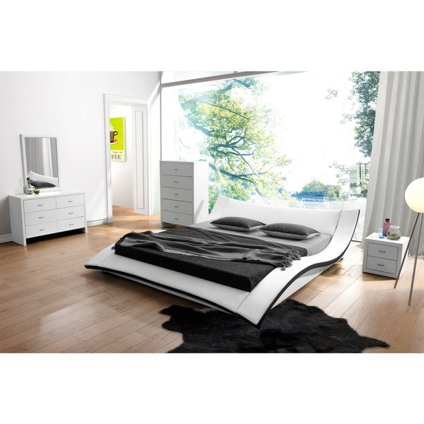 Riley White Faux Leather Contemporary Bed - Free Shipping 