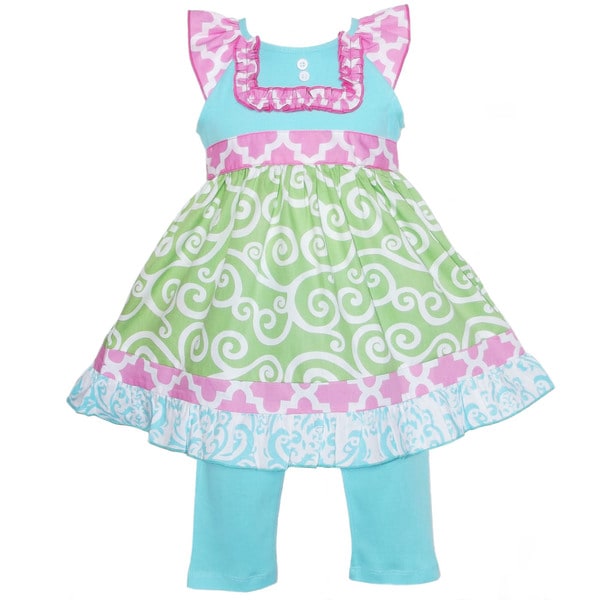 AnnLoren Boutique Girls Green Swirl and Pink Lattice Dress with Capris