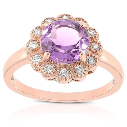 Dolce Giavonna Rose Gold Over Sterling Silver Amethyst and Cubic Zirconia Flower Ring