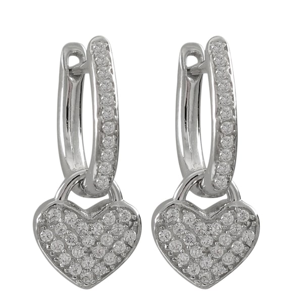 Luxiro Sterling Silver Pave Cubic Zirconia Heart Drop Earrings