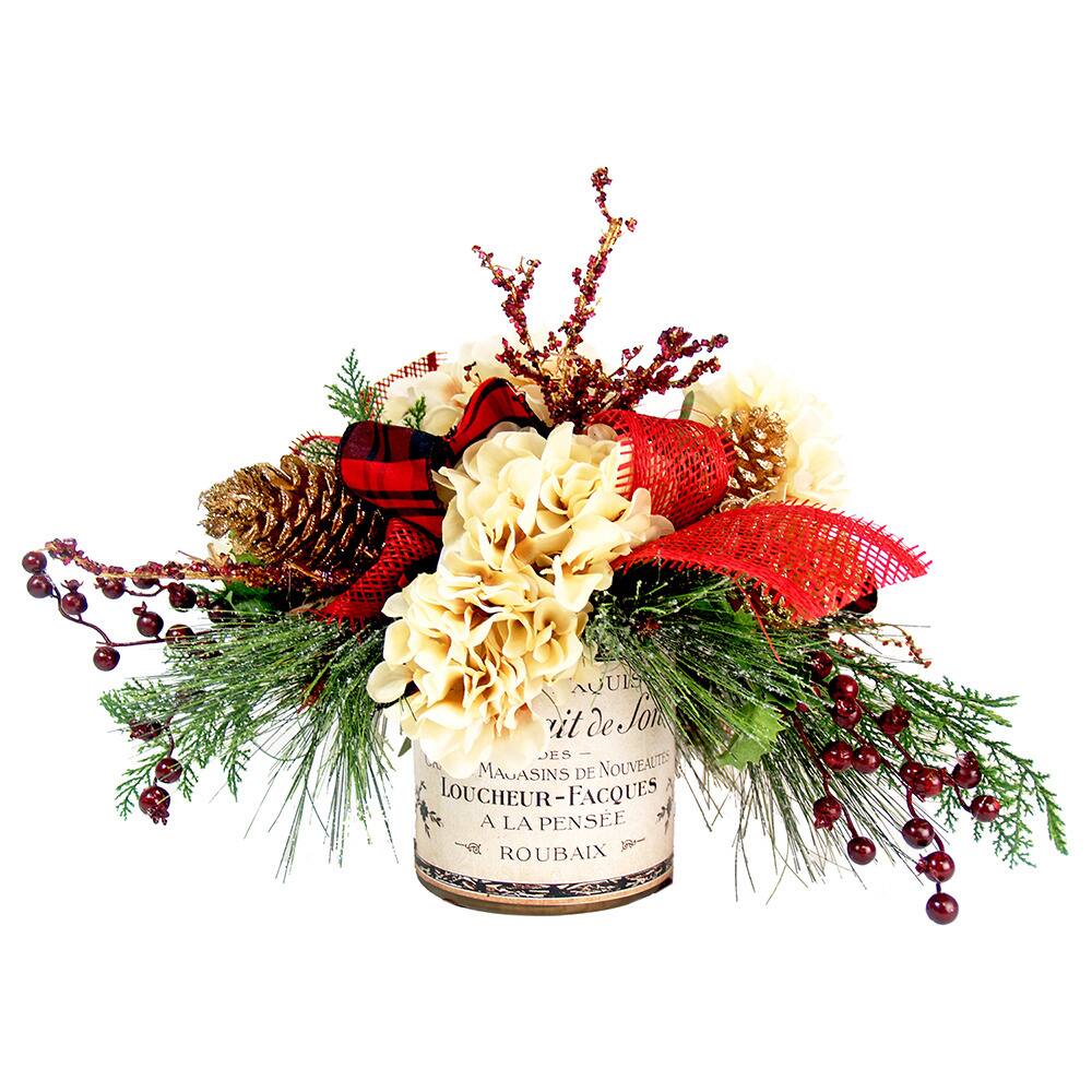 Creme Hydrangea and Pine Berry Pot