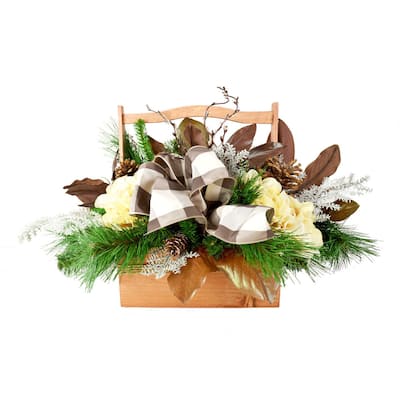 Holiday Hydrangea and Magnolia Leaf Wood Basket
