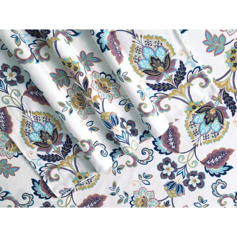 Hemstitched Abstract Paisley Printed Deep Pocket Flannel Bed Sheet Set - White - 4 Piece - Queen