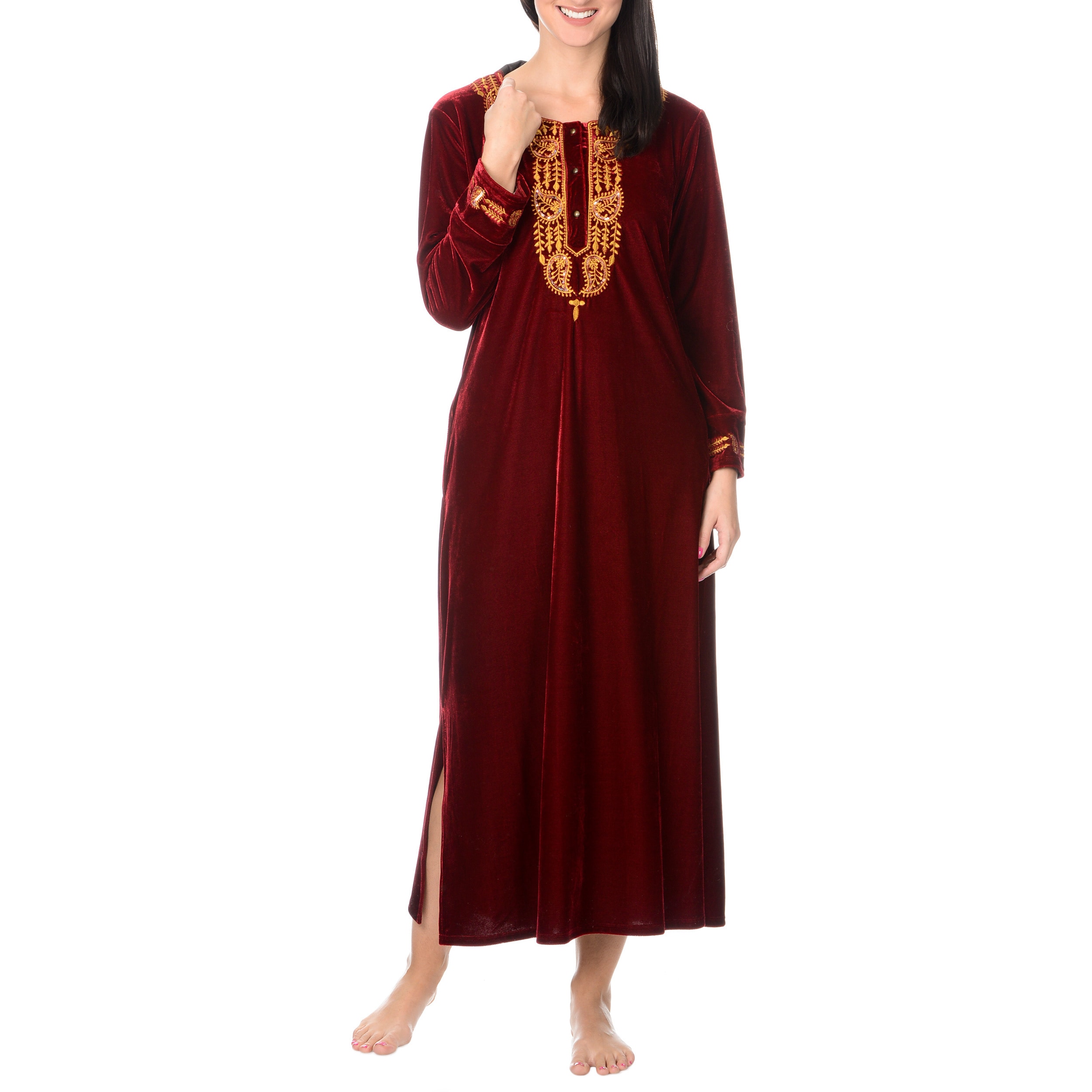 La Cera Womens Embroidery Velvet Full Length House Coat  