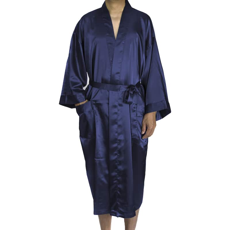 Leisureland Men's Blue/Black/Tan Satin Long 48-inch Kimono Robe