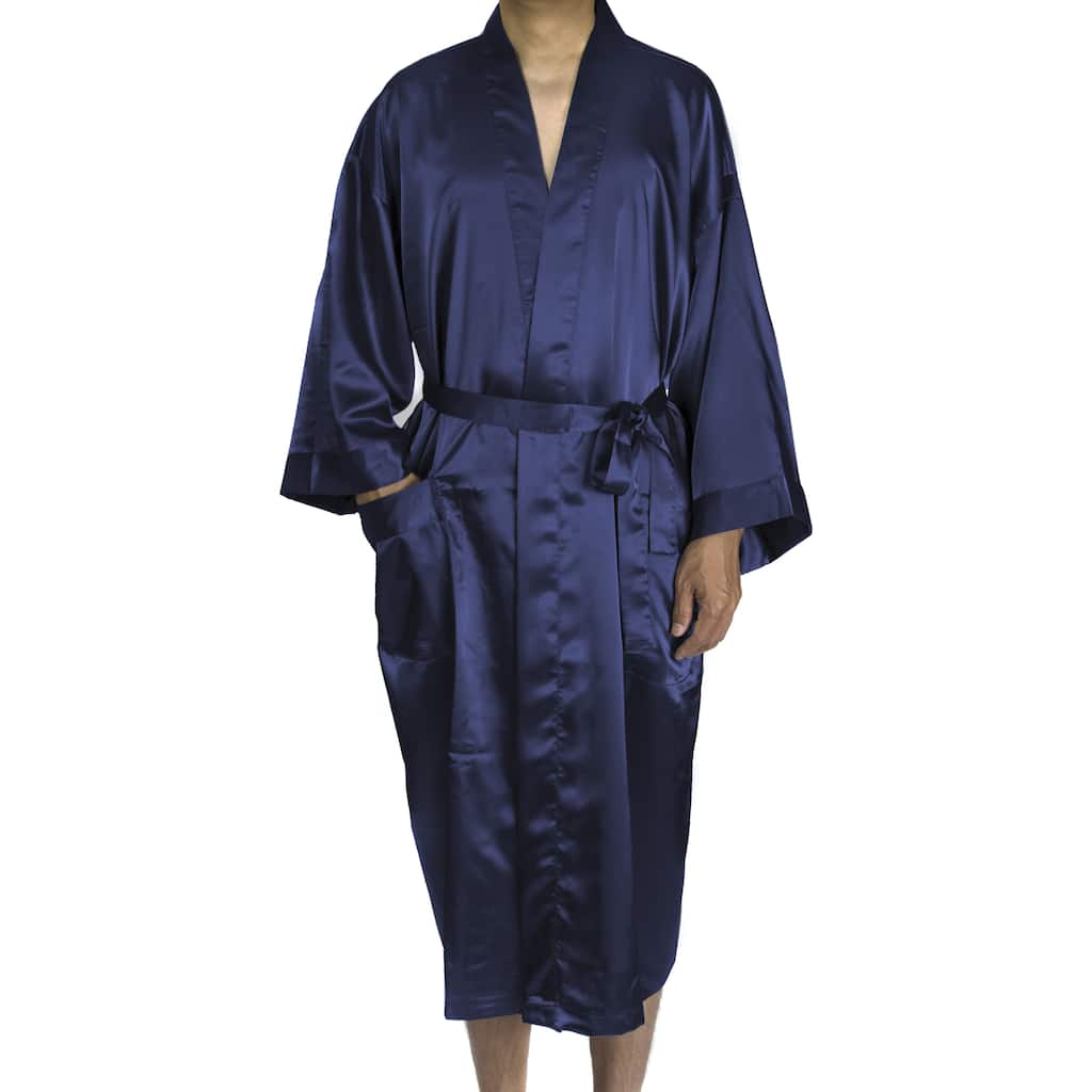 Leisureland Men's Blue/Black/Tan Satin Long 48-inch Kimono Robe