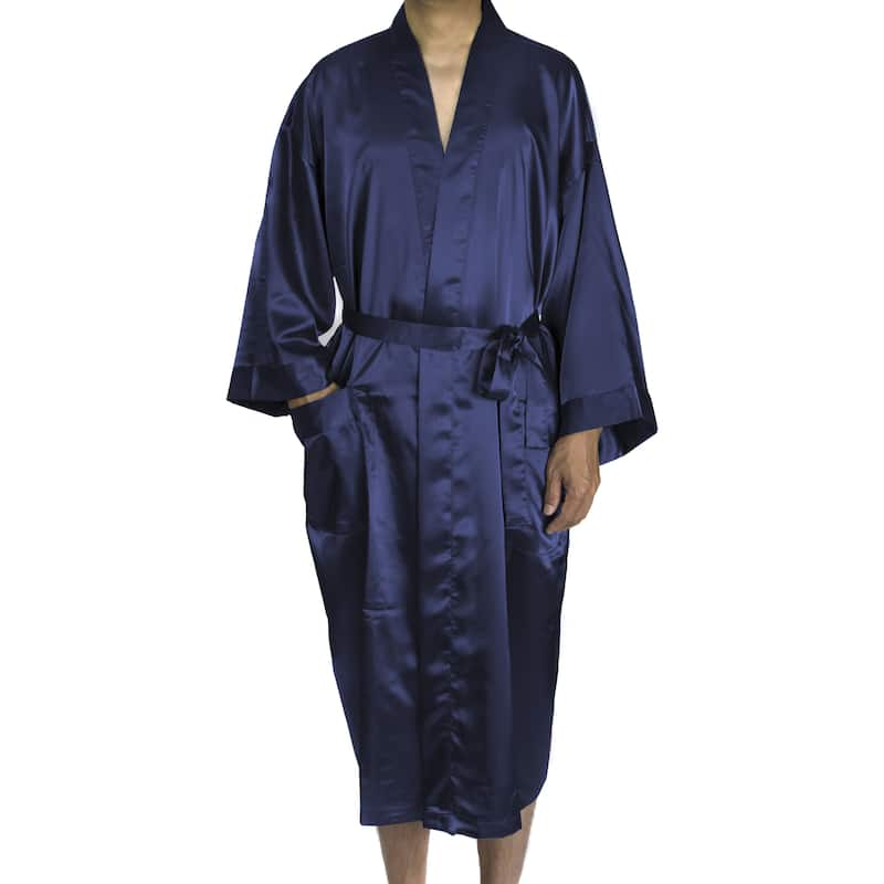 Leisureland Men's Blue/Black/Tan Satin Long 48-inch Kimono Robe - Navy