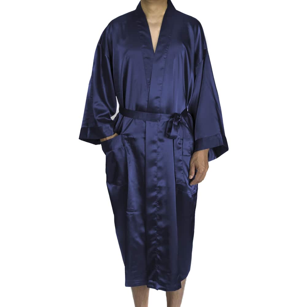 Leisureland Men's Blue/Black/Tan Satin Long 48-inch Kimono Robe