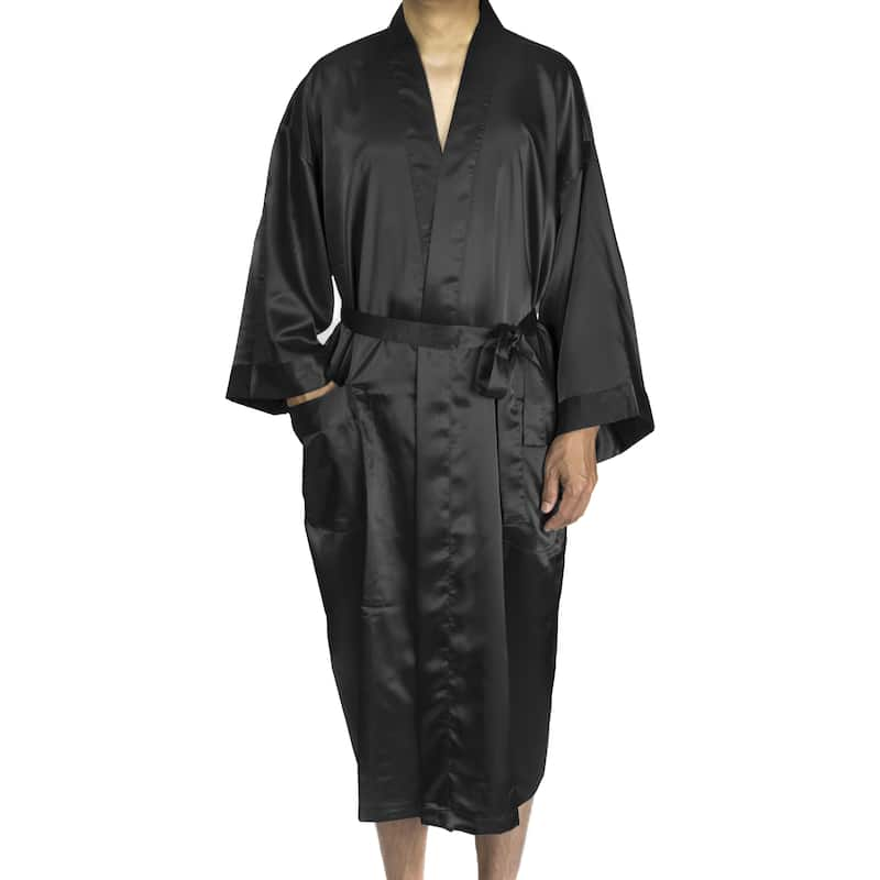 Leisureland Men's Blue/Black/Tan Satin Long 48-inch Kimono Robe - Black