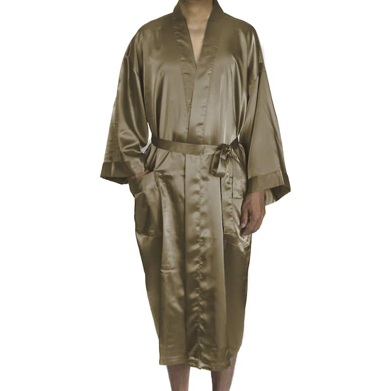 Leisureland Men's Blue/Black/Tan Satin Long 48-inch Kimono Robe - Tan