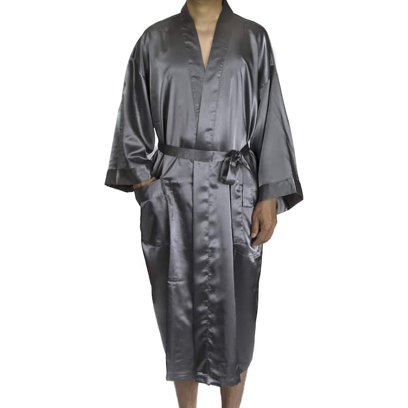 Leisureland Men's Blue/Black/Tan Satin Long 48-inch Kimono Robe - Grey