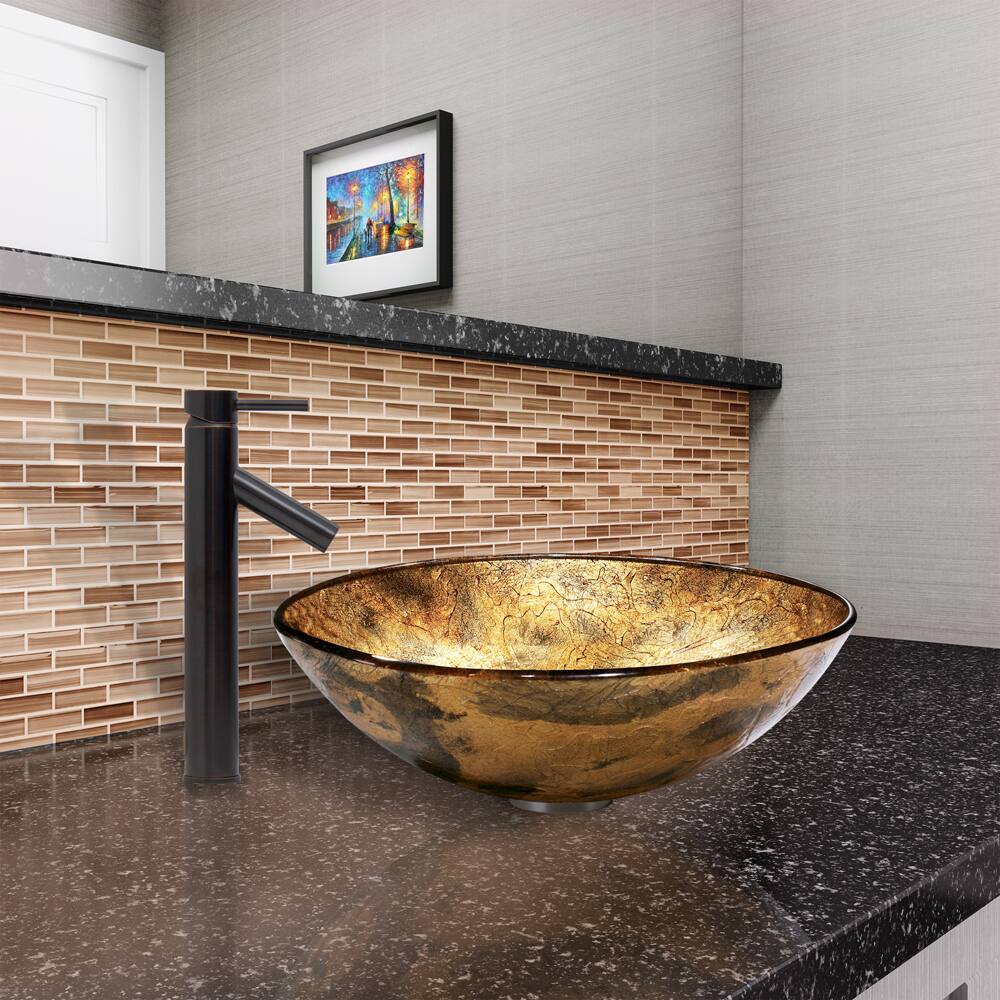 VIGO Copper Shapes Glass Vessel Sink and Dior Faucet Set in Antique Rubbed Bronze Finish