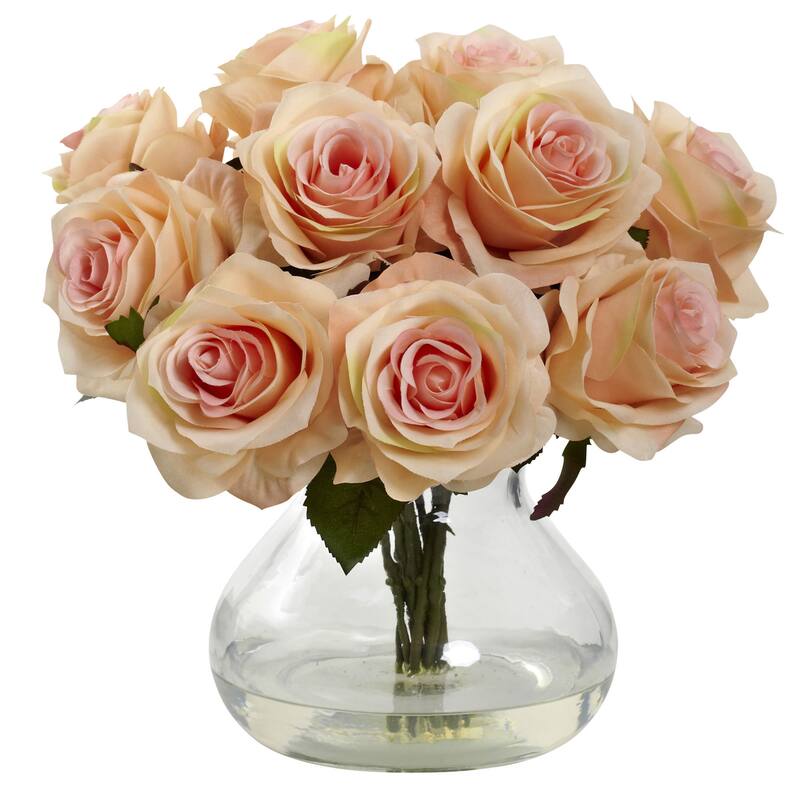 Nearly Natural Rose Arrangement with Vase - Peach