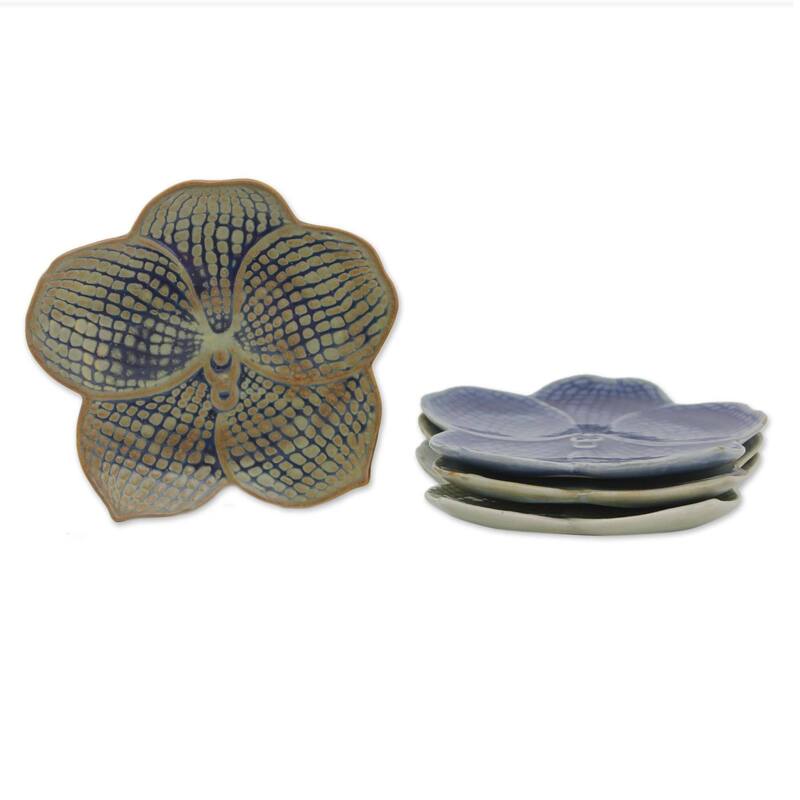 Handmade Set of 4 Celadon Ceramic 'Orchids' Plates (Thailand)