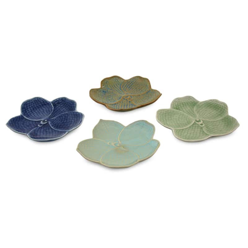Handmade Set of 4 Celadon Ceramic 'Orchids' Plates (Thailand)