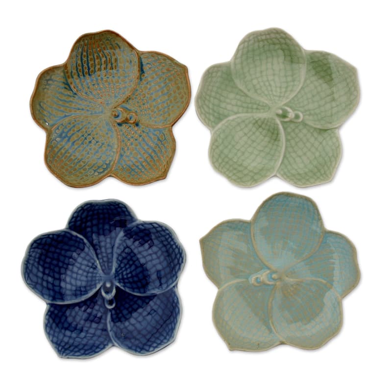 Handmade Set of 4 Celadon Ceramic 'Orchids' Plates (Thailand)