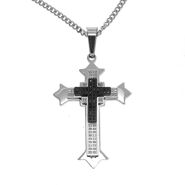 Shop Stainless Steel 1/2ct Genuine Black and White Diamond Cross ...