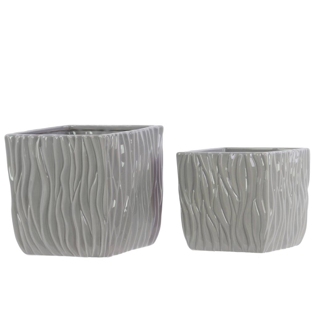Gloss Light Grey Ceramic Pots Rippled (Set of 2)