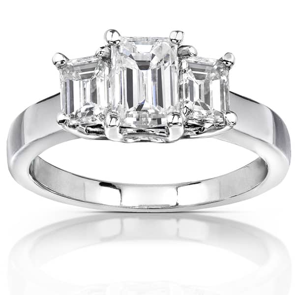 slide 1 of 5, Annello by Kobelli 14k White Gold 1 5/8ct Emerald-cut Moissanite Three-Stone Engagement Ring
