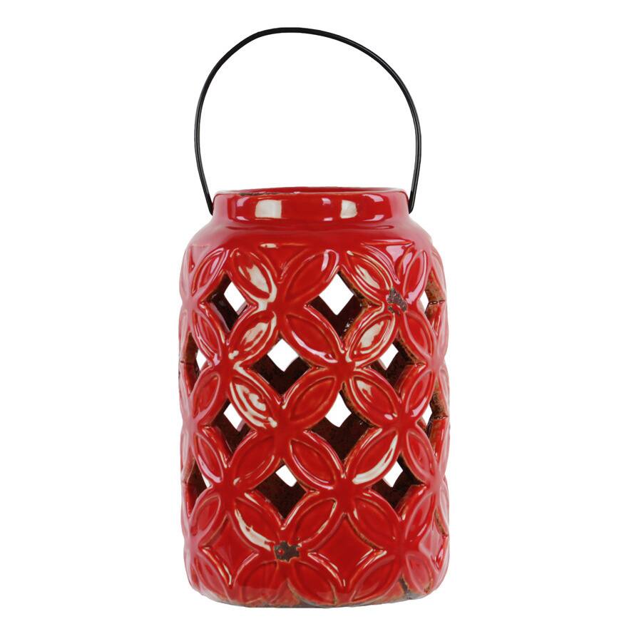 Gloss Red Ceramic Flat-bottomed Lantern with Metal Handle
