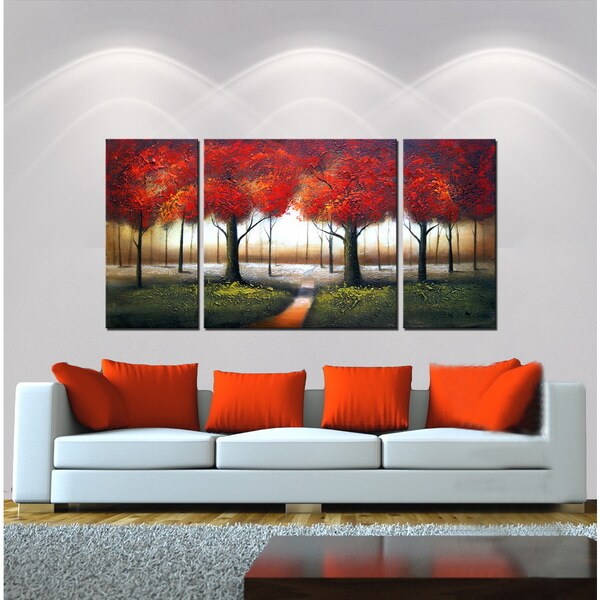Shop 'Red Autumn' 3-piece Hand-painted Gallery-wrapped Canvas Art Set ...