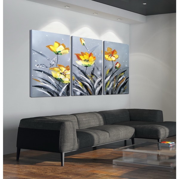 'The Blooming Yellow Flowers' 3-piece Hand-painted Gallery-wrapped