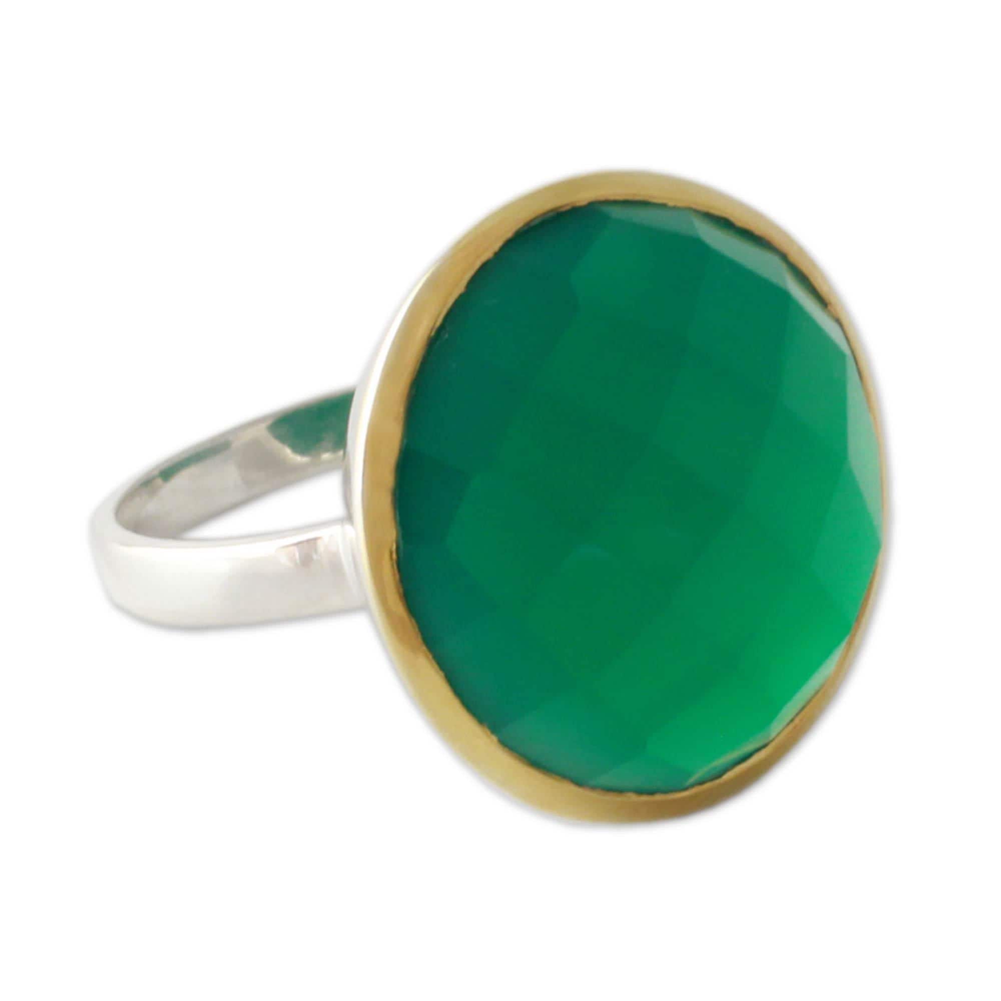 Natural Green Onyx Gold Plated Ring For Woman Round Shape Astrological Fashion Size 5,6,7,8,9,10,11,12