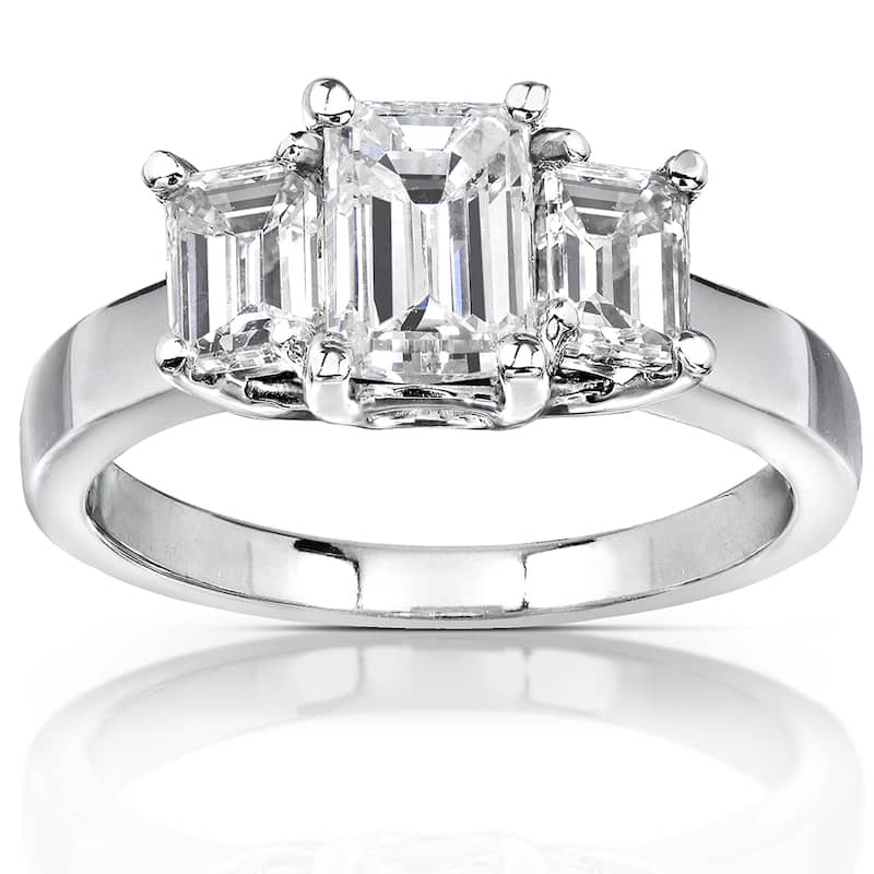 Annello by Kobelli 14K White Gold 2 7/8ct TGW Three Stone Emerald Cut Moissanite Engagement Ring (GH, VS)
