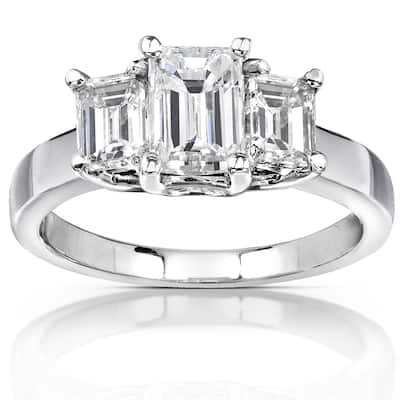Annello by Kobelli 14K White Gold 2 7/8ct TGW Three Stone Emerald Cut Moissanite Engagement Ring (GH, VS)