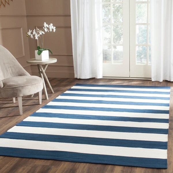 Safavieh Montauk Handmade Caspian Flatweave Navy / Ivory Stripe Cotton Rug - 9' x 12'