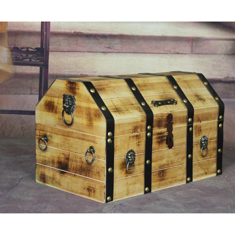 Large Wooden Pirate Lockable Trunk with Lion Rings - Brown