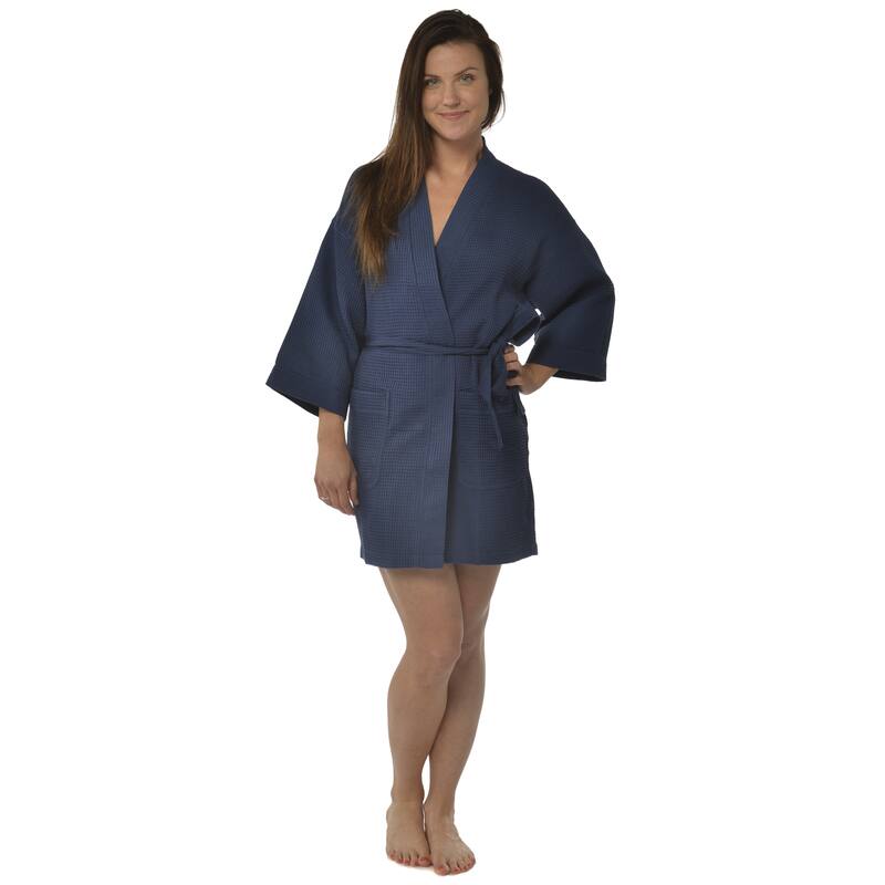 Leisureland Women's 36-inch Waffle Weave Kimono Bath Robe - Navy