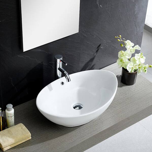 Somette White Vitreous China Oval Vessel Sink