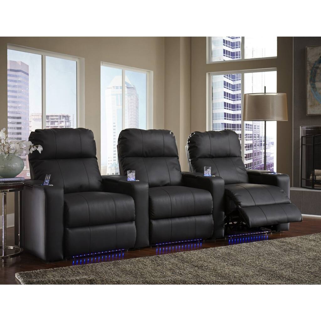 Black Leather/ Match Straight Row Home Theater Seating with Power Recline