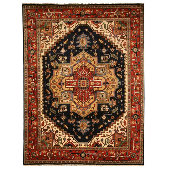 Shop Handknotted Wool Navy Traditional Oriental Serapi Rug 9' x 12
